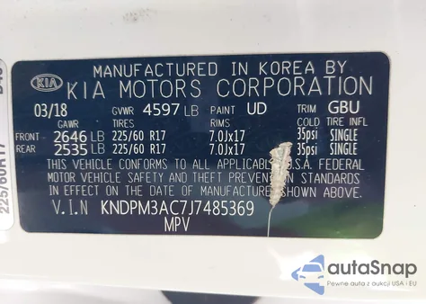 2018 Kia Sportage Lx z USA, uszkodzony, nr VIN KNDPM3AC7J7485369